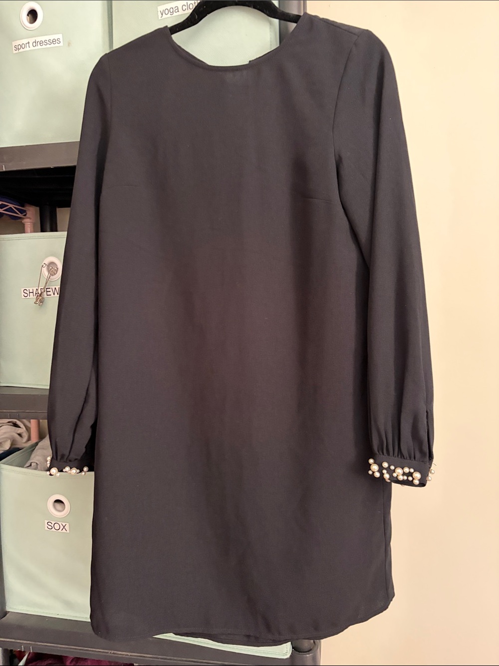 H&M Black Long Sleeve Shift Dress with Pearl Cuff Trim